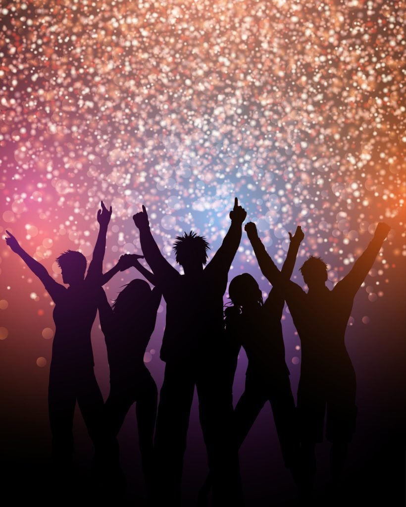 Silhouette of a party crowd background with glittery lights